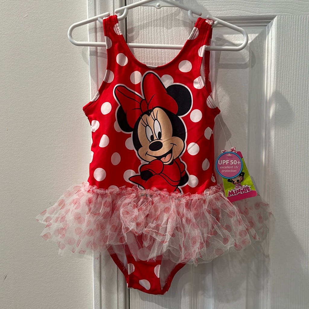 Disney Minnie Mouse Girls Polka Dot 1 Piece Tutu Swimsuit 0-3m Or 5t Upf 50+